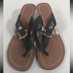Women’s Tory Burch Elegant Black Leather Thong Wedge Sandals Size 6.5M
